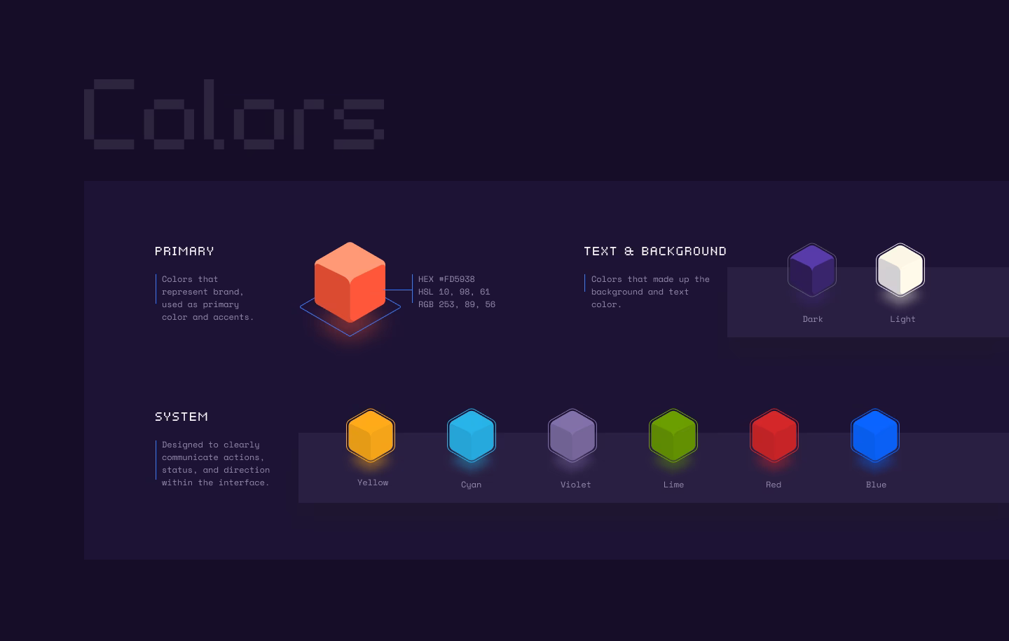 Mehsoft colour board: primary orange, dark purple text and background colours, and a row of system colours