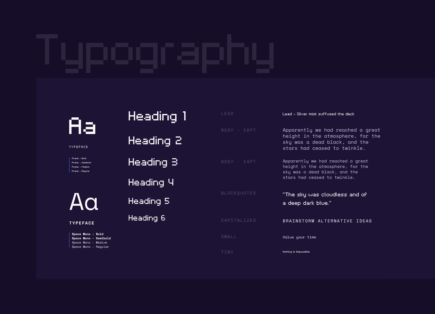 Mehsoft typography board: the Pixelar heading scale beside Space Mono body, lead, blockquote, and caption styles